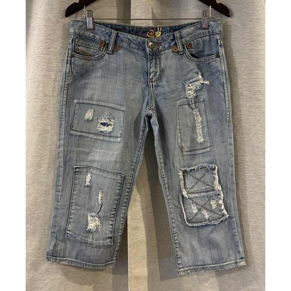 Mudd Capri Jeans Juniors 7 Distressed Patchwork Crop Low Rise Stretch Festival